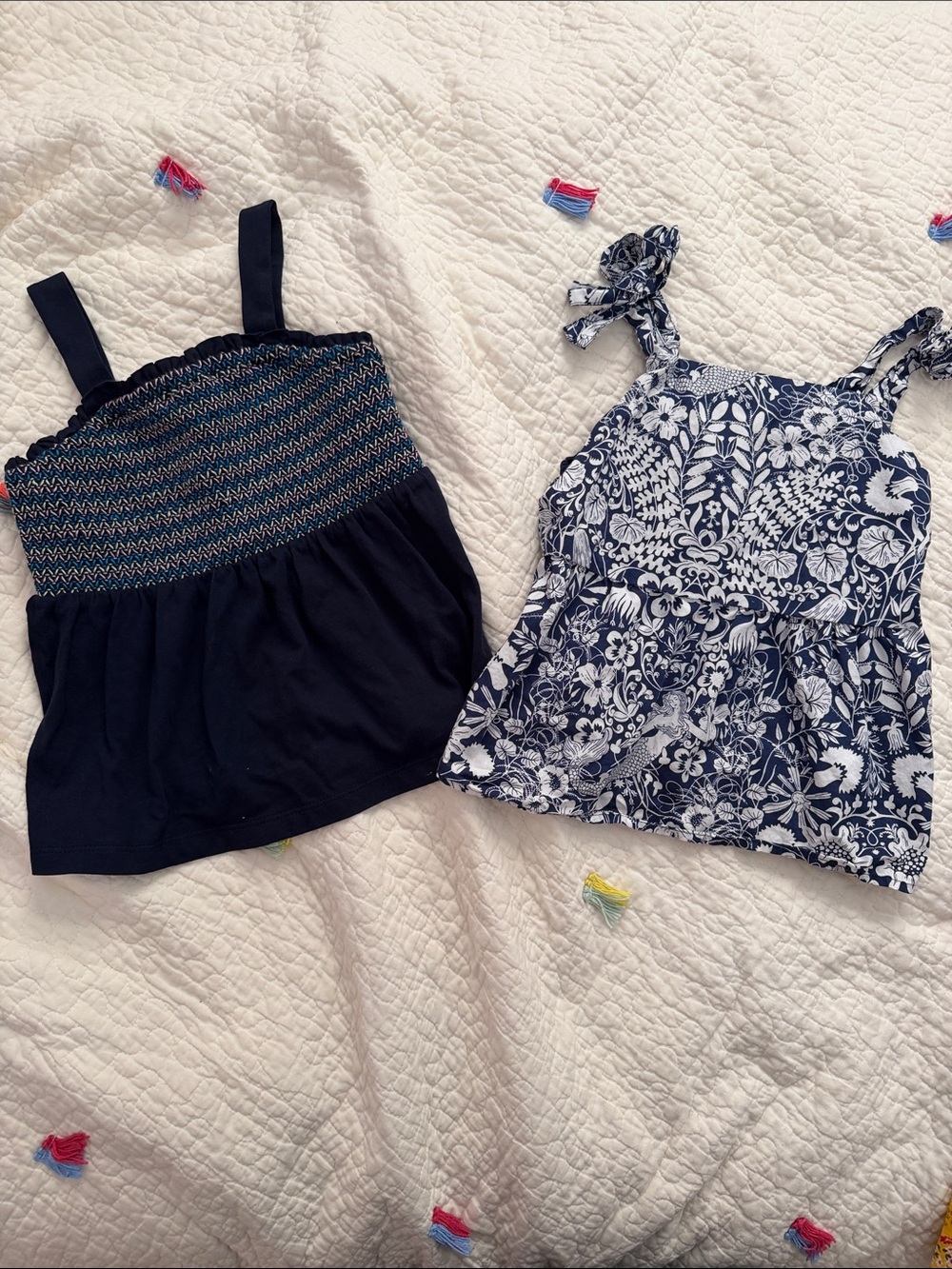 J. Crew Girls Navy Smocked & Floral Tank Top Set - Navy/White